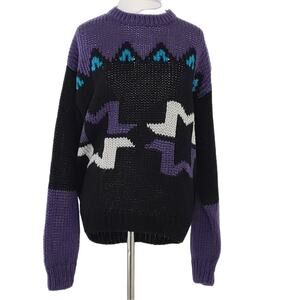 Vintage Visage Hand-Knitted Ski Sweater Purple Black Geometric Women Medium